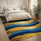 Blue Gold Wavy Brushstroke Abstract Area Rug