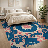 Navy Blue Persian Floral Area Rug with Pink Accents