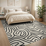 Modern Wavy Black Lines Beige Area Rug