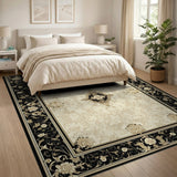 ODIKA Traditional Medallion Black & Beige Washable Area Rug - Low Pile Non-Slip Pet Friendly