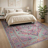 Vibrant Teal Pink Heritage Tribal Area Rug