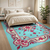 Teal Blue Pink Floral Persian Medallion Rug
