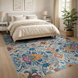Teal Blue Orange Floral Grey Area Rug
