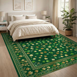 Emerald Green Shamrock Clover Area Rug with Gold Border