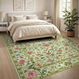 Pale Green Floral Vintage Rug with Pink Roses