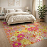 Floral Vintage Vibrant Pink Yellow Daisy Floral Area Rug