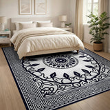Black White Mandala Greek Key Area Rug