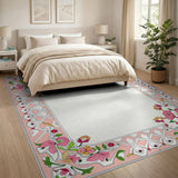 Pink Ornate Pink Floral Persian Border Rug