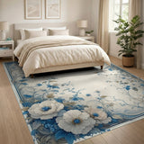 Elegant Blue Poppy Floral Border Rug