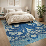 ODIKA Washable Blue Octopus Area Rug - Low Pile Non-Slip Nautical Home Decor