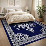 Blue and Teal Navy Blue Fleur-de-Lis Ornate Area Rug