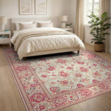 Ivory Persian Floral Area Rug with Red Border