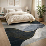 Gold Wave Abstract Area Rug in Navy