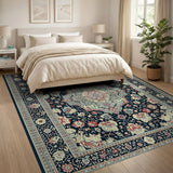 Navy Persian Medallion Area Rug with Floral Motifs