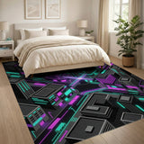 Neon Cyberpunk Cityscape Geometric Area Rug