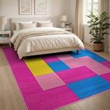 Vibrant Pink Blue Yellow Geometric Area Rug