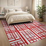 Red Geometric Grid Area Rug