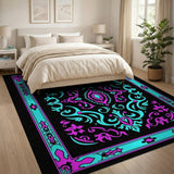 Ornate Teal Pink Floral Border Area Rug