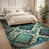 Distressed Teal Fleur-de-Lis Vintage Area Rug