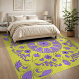 Purple Floral Mandala on Vibrant Yellow Rug
