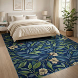 Navy Blue Leaf Flower Floral Area Rug