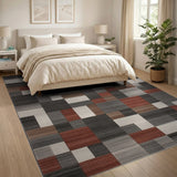 Geometric Grey Red Block Modern Area Rug