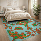Ornate Teal Persian Rug with Orange Floral Vines