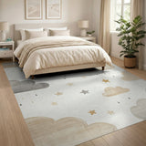 Beige and Neutral Dreamy Clouds Stars Nursery Area Rug