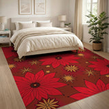 Festive Red Poinsettia Golden Star Area Rug