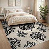 Black Damask Floral Area Rug on Ivory