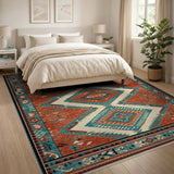 Terracotta Teal Geometric Tribal Area Rug