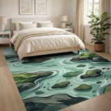 Teal Flowing Stream Mossy Rocks Area Rug
