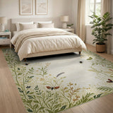 Cream Botanical Border Area Rug with Butterflies Bees