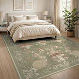 Vintage Green Rabbit Mushroom Floral Area Rug