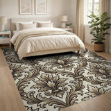 Cream Gold Ornate Damask Floral Area Rug