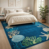 Navy Blue Coastal Starfish Seashell Area Rug