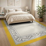 Yellow Ornate Floral Scroll Border Area Rug