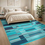 Washable Blue Teal Geometric Area Rug