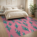Blush Pink Teal Fern Leaf Area Rug