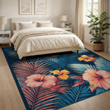 Blue Teal Hibiscus Washable Area Rug