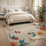 Cream Floral Vintage Area Rug with Peony Blooms
