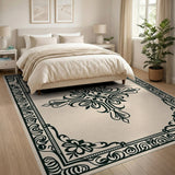 Ornate Black Floral Frame Beige Area Rug