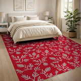 Red Botanical Leaves Pods Area Rug