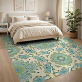 Teal Mandala Floral Bird Area Rug