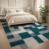 Blue and Teal Geometric Block Area Rug