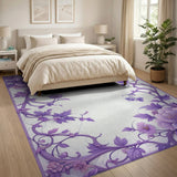 ODIKA Elegant Purple Floral Washable Area Rug - Low Pile Non-Slip Carpet