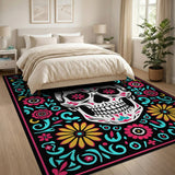 ODIKA Sugar Skull Washable Rug - Day of the Dead Floral Low Pile Non-Slip Area Rug