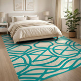 Teal Wavy Abstract Area Rug on Cream