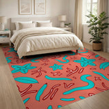 Teal Starfish Coral Seaweed Orange Area Rug