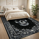 ODIKA Gothic Skull Washable Area Rug - Vintage Floral Low Pile Non-Slip Living Room Carpet